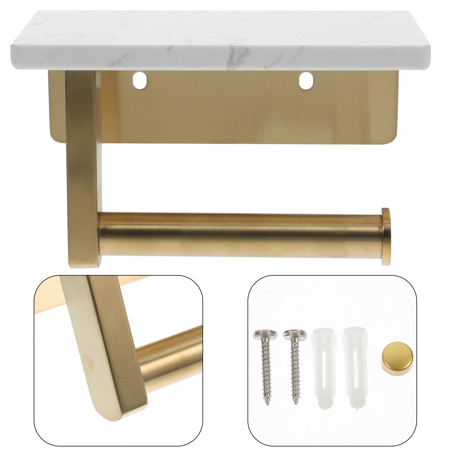 Portarotolo per Bagno da Parete in Acciaio Inox Ripiano Marmo | Distanza Fori 8, 3cm, Finitura Oro, per Bagno, Struttura Moderna ed Elegante
