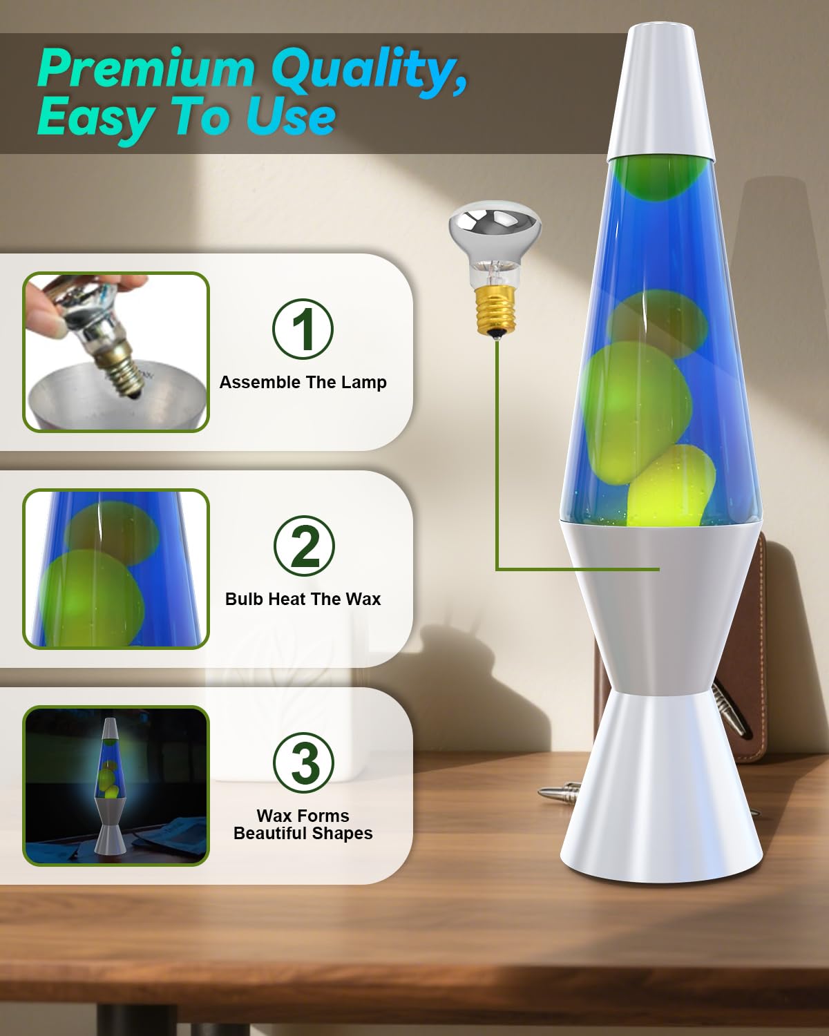 AONESY Lampe à Lave 37cm Bleu Foncé Liquide & Jaune Cire Lampe à Lave Enfants Lampe de Nuit Lumière Colorée Cadeau pour Noël Anniversaire