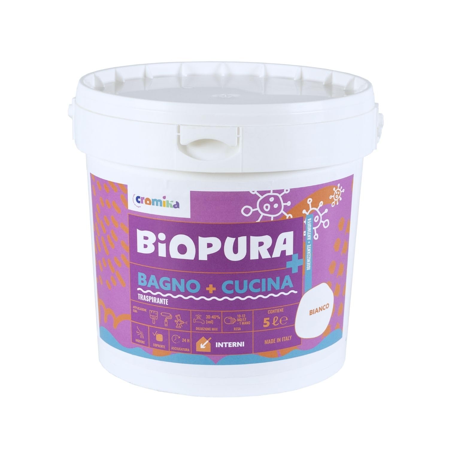 Biopura Idropittura Traspirante Antimuffa per Bagno e Cucina, Finitura Opaca (Bianco, Litri 5)