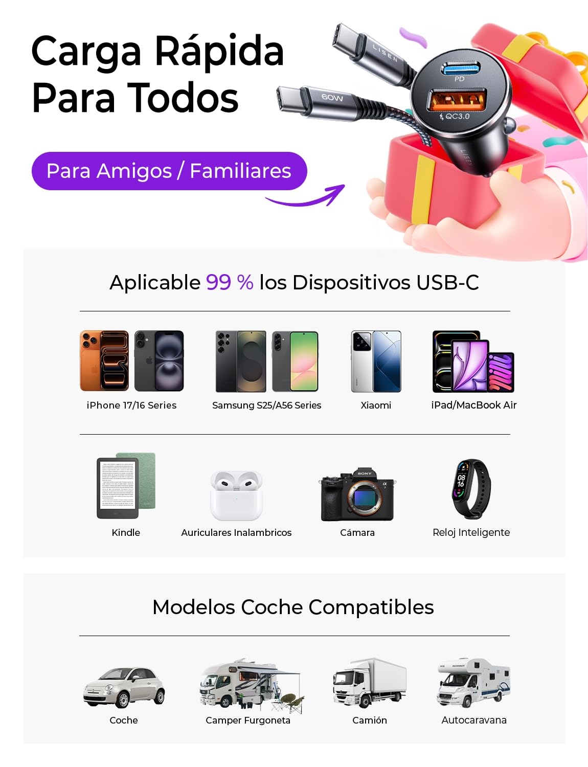 LISEN Cargador Coche Carga Rápida Mechero USB C 69W+60W Cable, Accesorios Coche Camper Electrónicos Flash del Dia, Carregador Isqueiro Carro 12/24V Gadgets para iPhone 17 e 16 Samsung S26 Kindle iPad — view 7