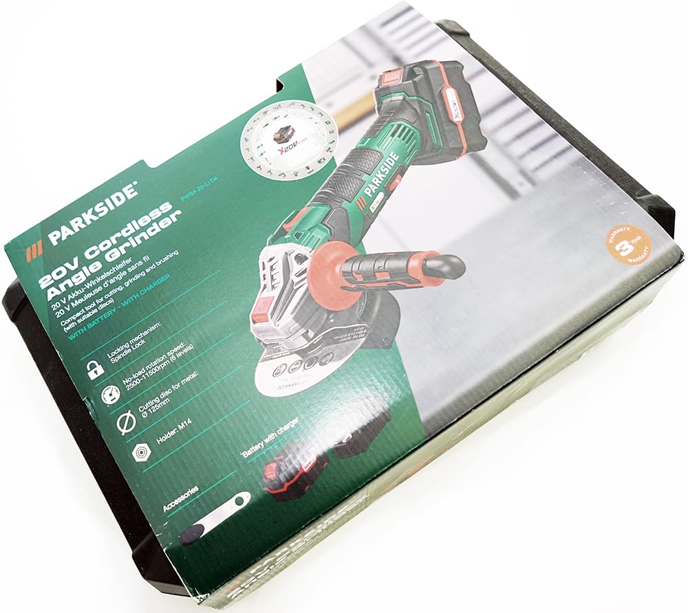 Parkside 20V Smerigliatrice angolare a batteria PWSA 20-Li D4 in bundle/set con valigia da trasporto Smerigliatrice (incl. 2x4Ah batteria+caricatore)