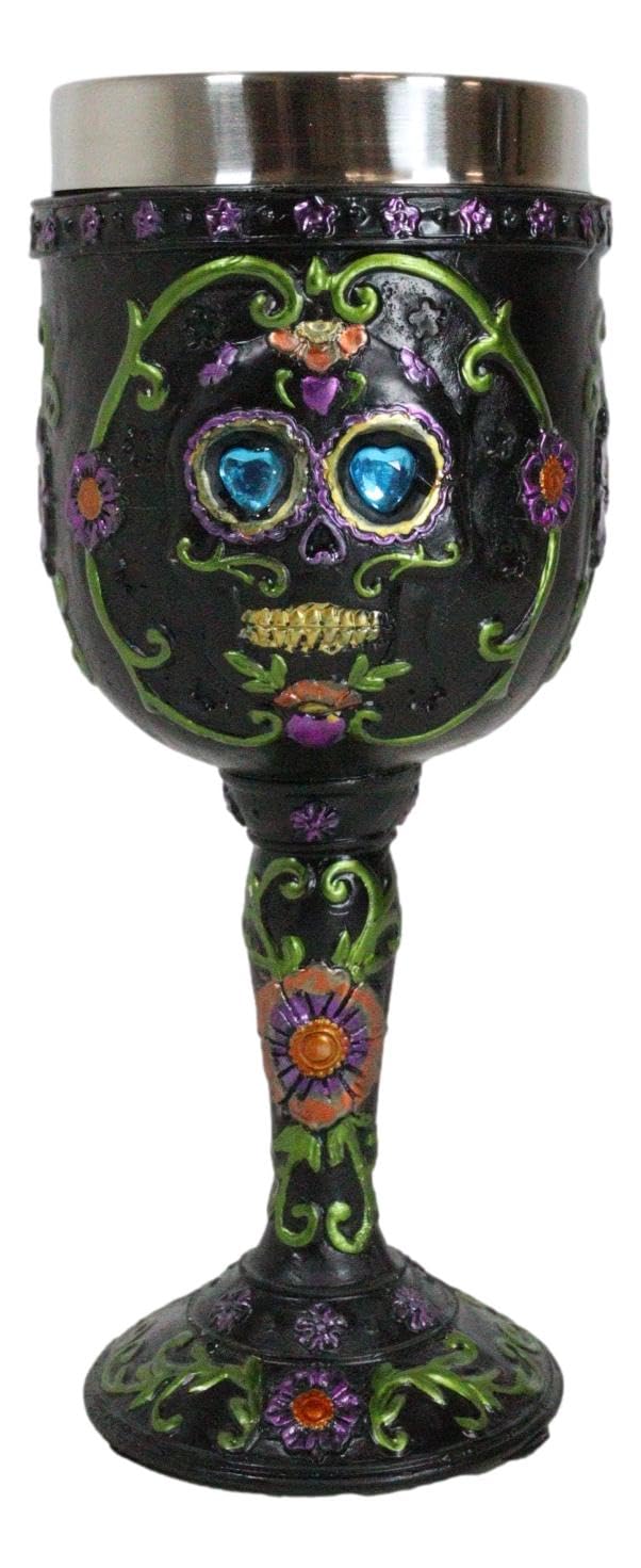 Ebros Day of The Dead Ossuary Wedding Black Sugar Skull Wine Goblet 7oz Chalice As Kitchen Decorative Halloween Party Centerpiece Accessory