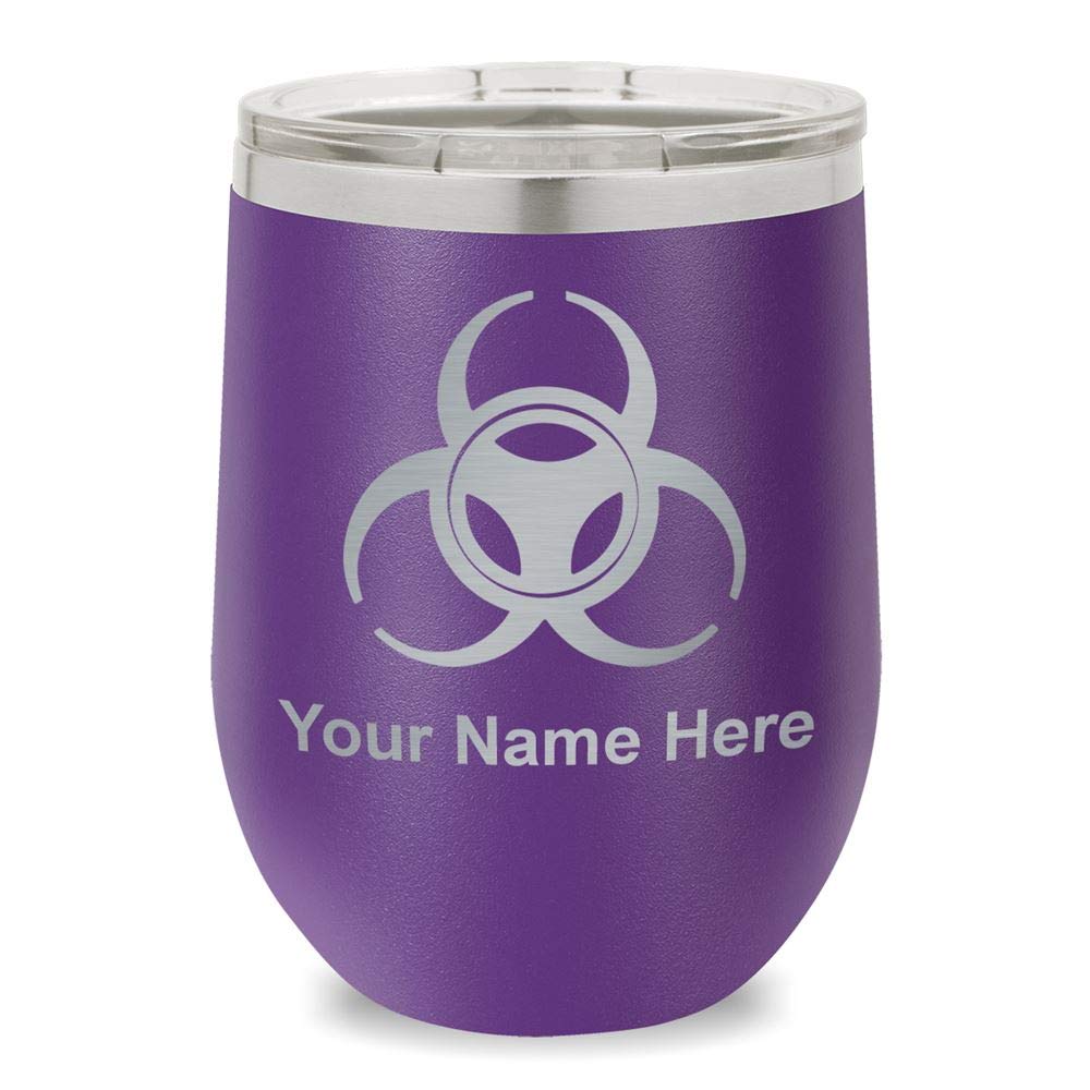 LaserGram Double Wall Stainless Steel Wine Glass Tumbler, Biohazard Symbol, Personalized Engraving Included (Dark Purple)