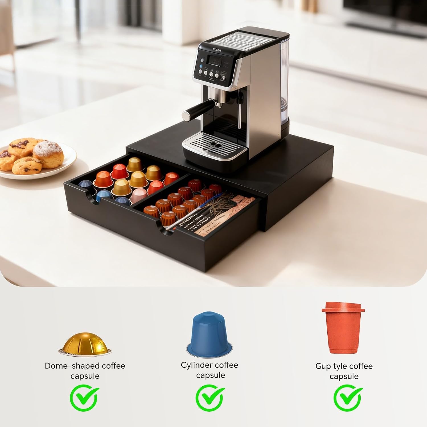 Wooden Coffee Pod Drawer, Compatible with K-Cup and Nespresso Vertuo Pods