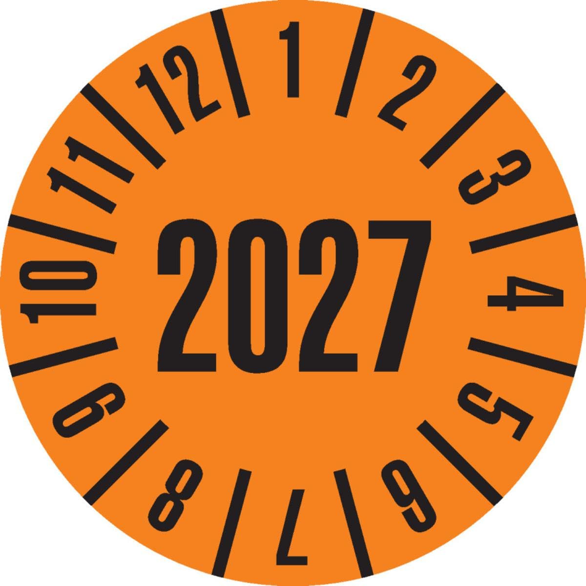 Jahresprüfplakette 2027, orange, Ø 15 mm, Folie ablösbar, für Innen- und Außenbereich, 500 Stück