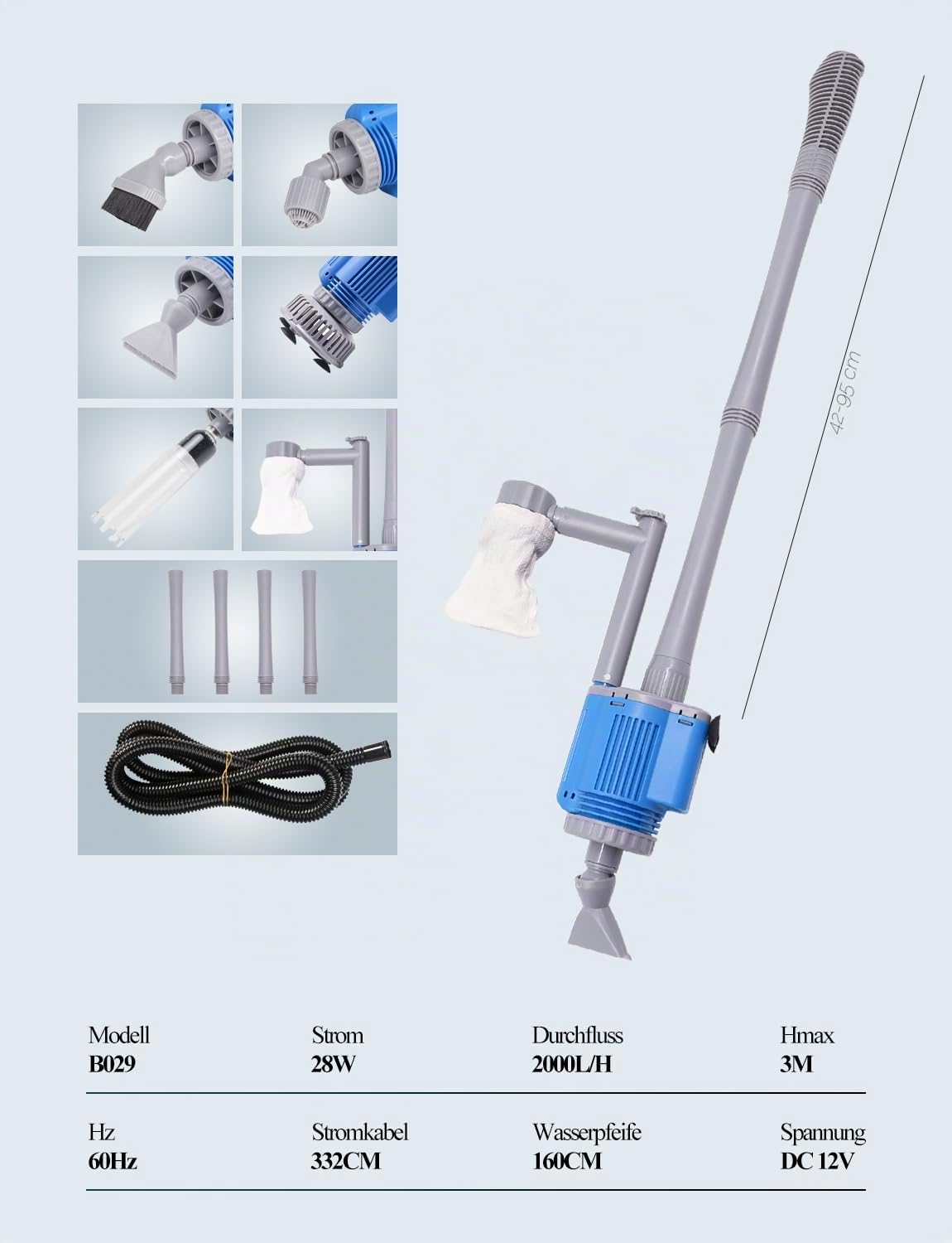 boxtech 6 in 1 Pulitore Elettrico per Acquario, 2000L/h 28W Sifone Automatico Acquario per Ghiaia, Aspirapolvere Acquario Kit di Pulizia per Cambio Acqua, Pulizia Sabbia, Rimozione Sporco, Filtraggio
