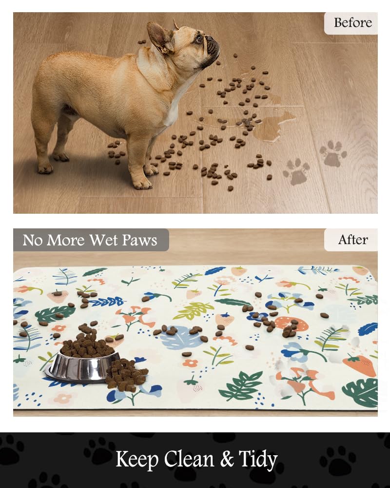 Tapis d'alimentation absorbant pour animal de compagnie pour gamelle de nourriture et d'eau, ne tache pas, séchage rapide, accessoires pour animaux de compagnie, bol pour buveurs désordonnés (fleurs