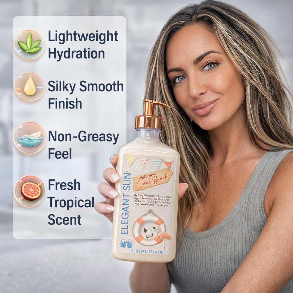 Elegant Sun Coral Beach Daily Moisturizer, Tan Extender Lotion, for After Sun or Tanning Bed, Aloe Vera base, Hypoallergenic, Sensitive Skin, Great for Men and Women, Unisex Fresh Scent