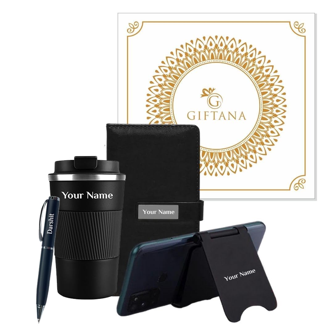 4 in 1 Personalized Diary with Pen, Mobile Stand and Coffee Tumbler 510ml Gift Set for Men & Women, Customized Gifts for Doctors, Personalised New Year Corporate Gift Set for Employee (Black)