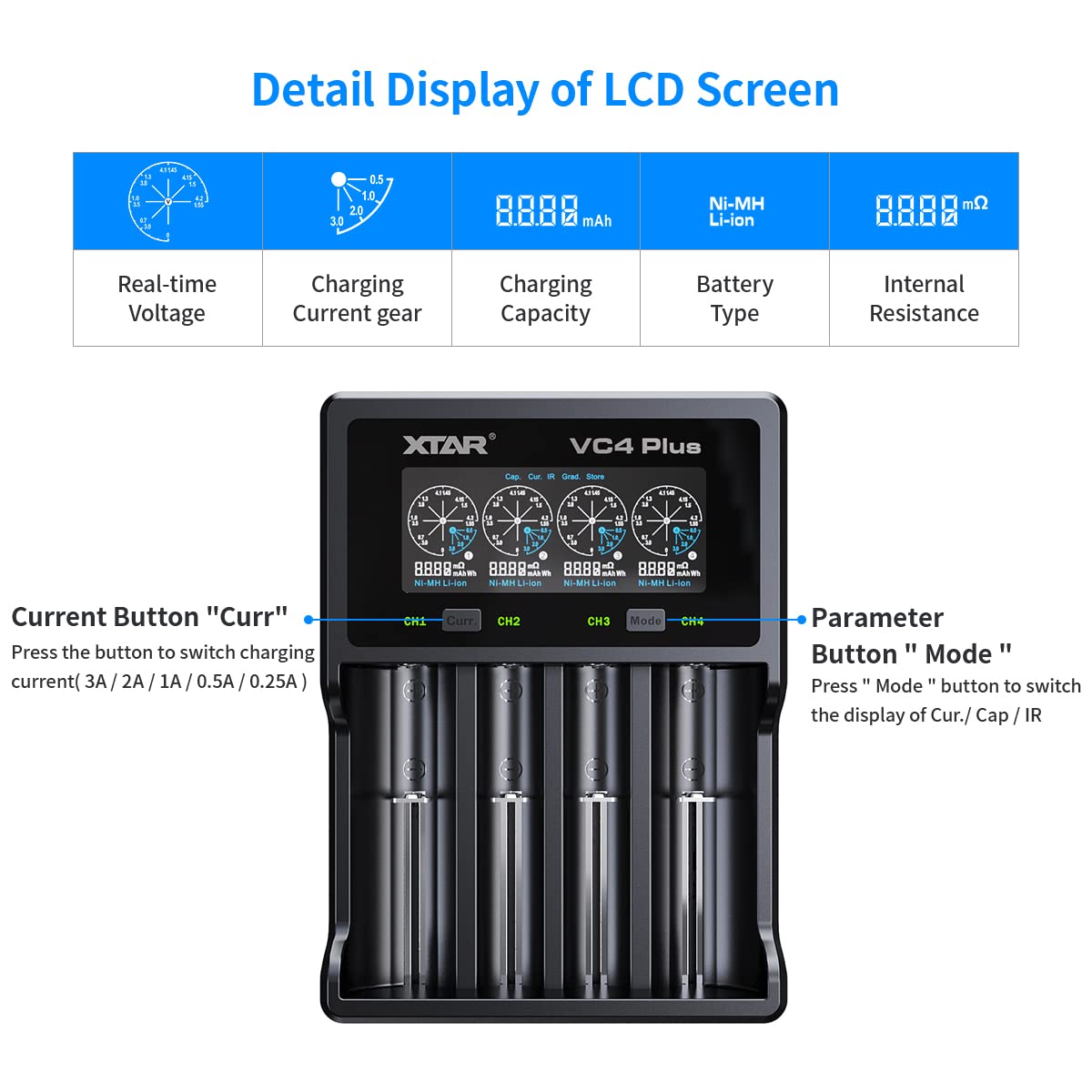 XTAR VC4 Plus 4 Slot Schnellladegerät für 18650 Li-ion Ni-MH Ni-CD AAA Batterien 3A