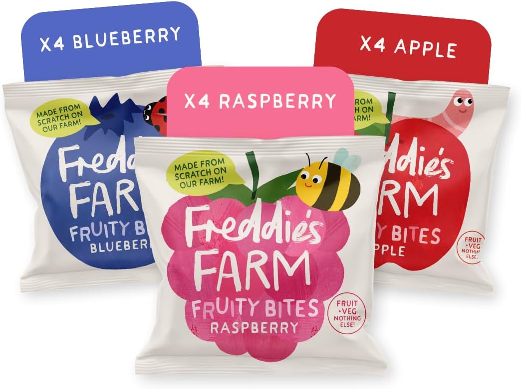 Freddie’s Farm Kids Snacks | Fruit Snacks Multipack - Raspberry, Blueberry, Apple Bites | Lunchbox Snacks For Kids | 100% Fruit & Veg | UPF Free, Recyclable Packs & Made in the UK | 12 x 20g Bags