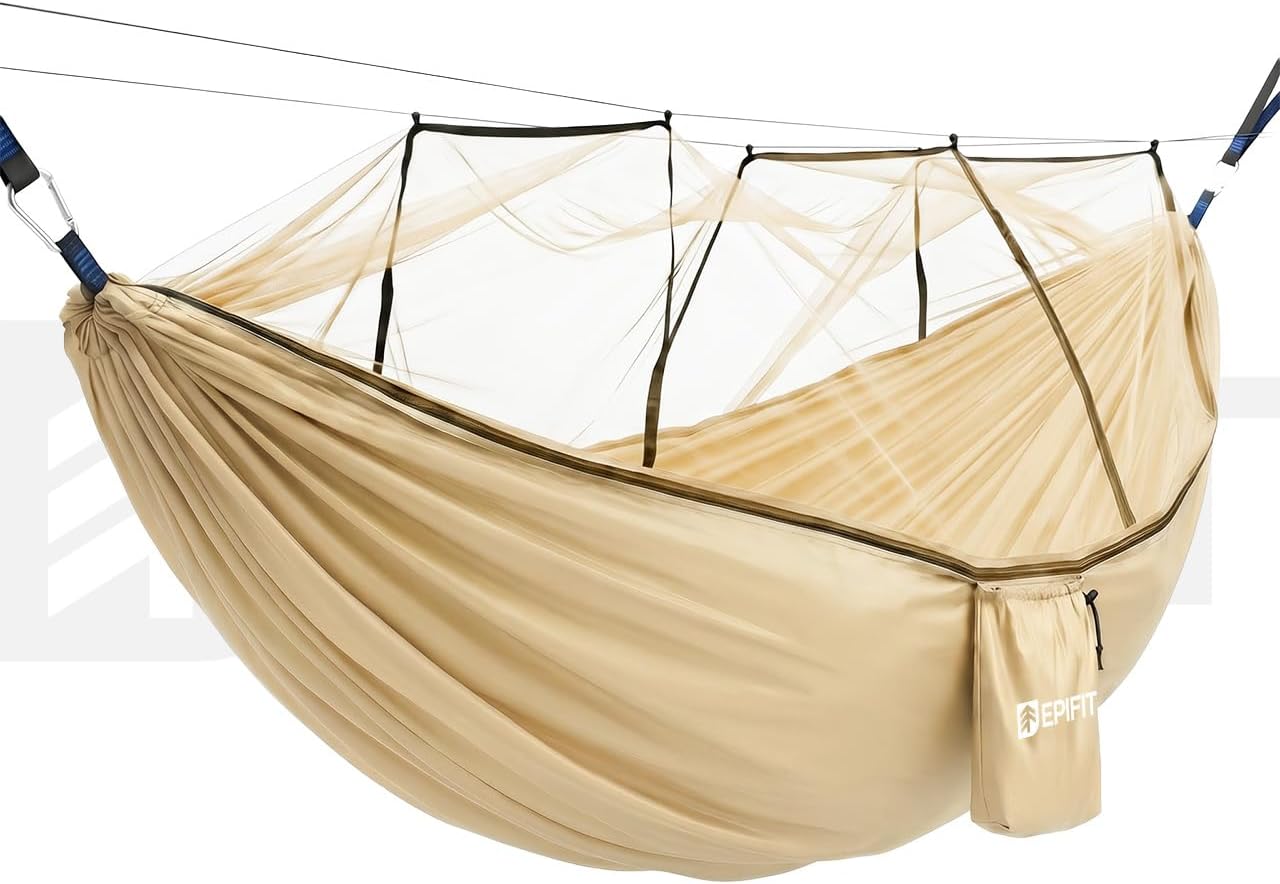 hamak z moskitierą 330 x 140 cm do 200 kg – hamak podróżny z nylonu 210T, lekki do kempingu, ogrodu i trekkingu Ranger Sahara