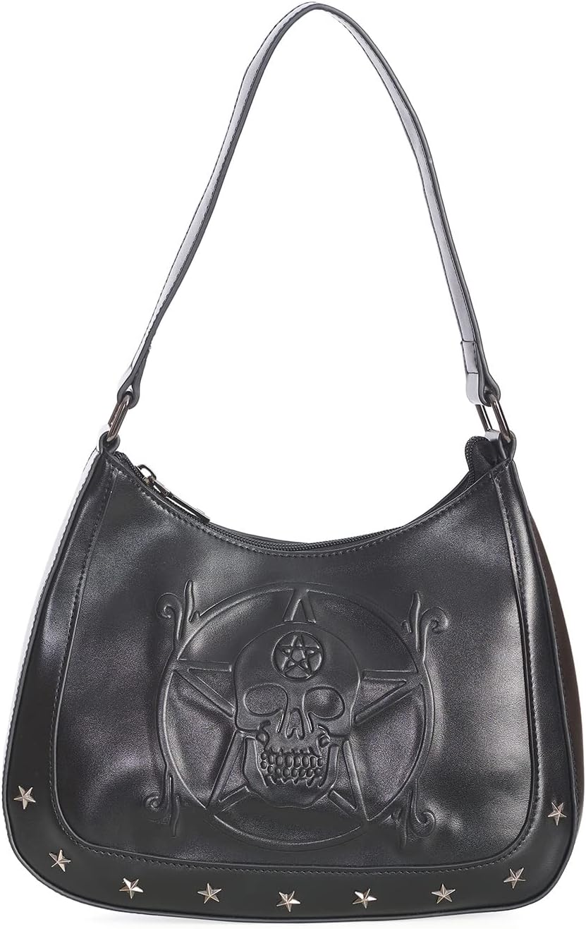 Gothic Women’s Black Pentagram Shoulder Bag Embossed Skull Purse