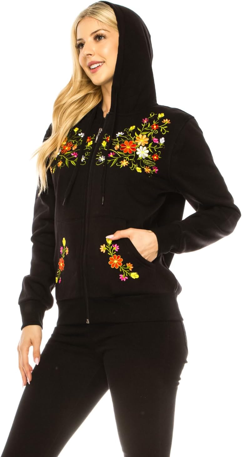 unik Women's Premium Quality Fleece Flower Embroidered, Soft Zip-up Satin Lined Hoodie with Kangaroo Pockets - Image 5