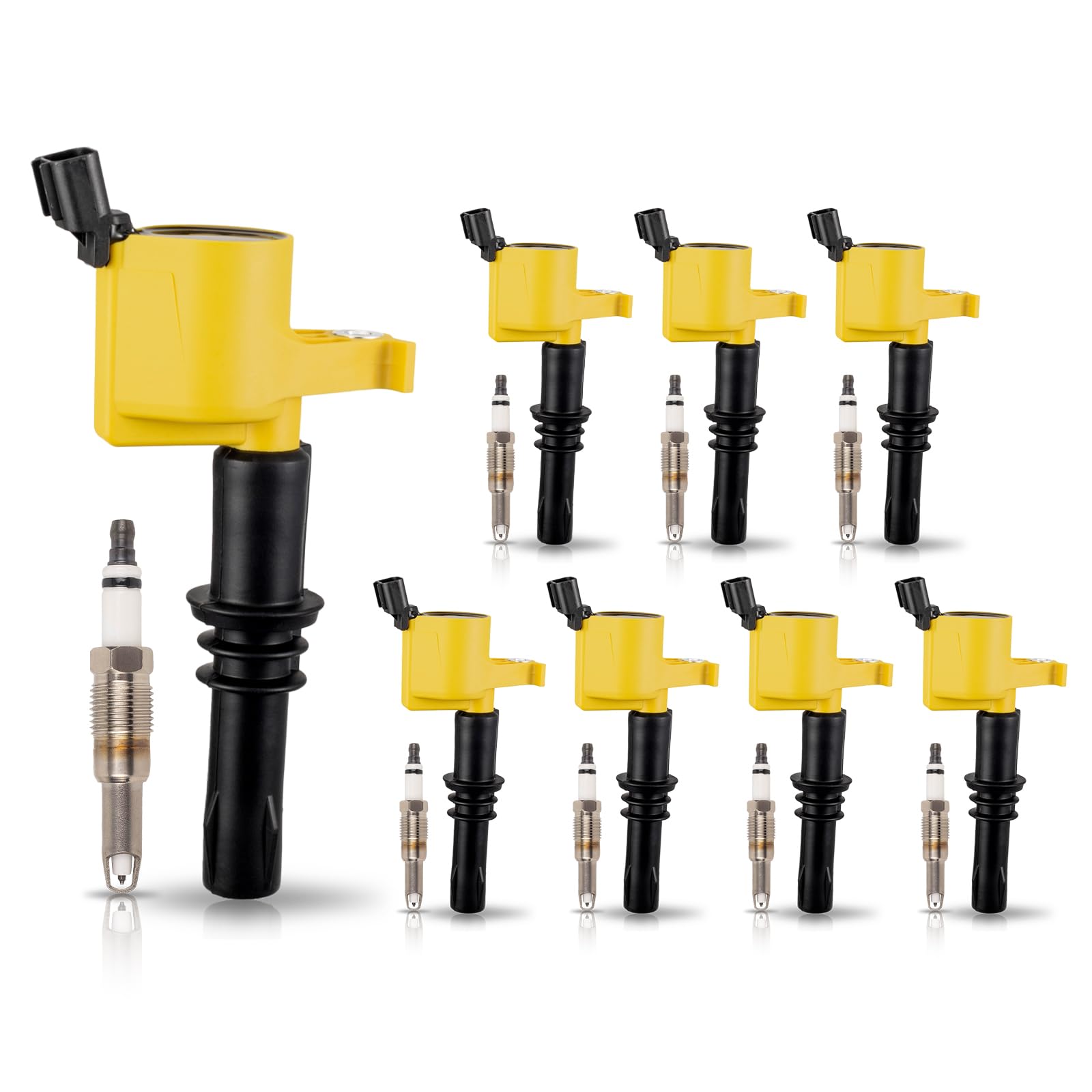 ENA8 Yellow Ignition Coil Pack and Platinum Spark Plug Set Compatible with Lincoln Ford Expedition F150 F250 F350 F450 F550 Super Duty Mark Navigator 5.4L 6.8L Replacement for FD508 SP515 SP546 DG511