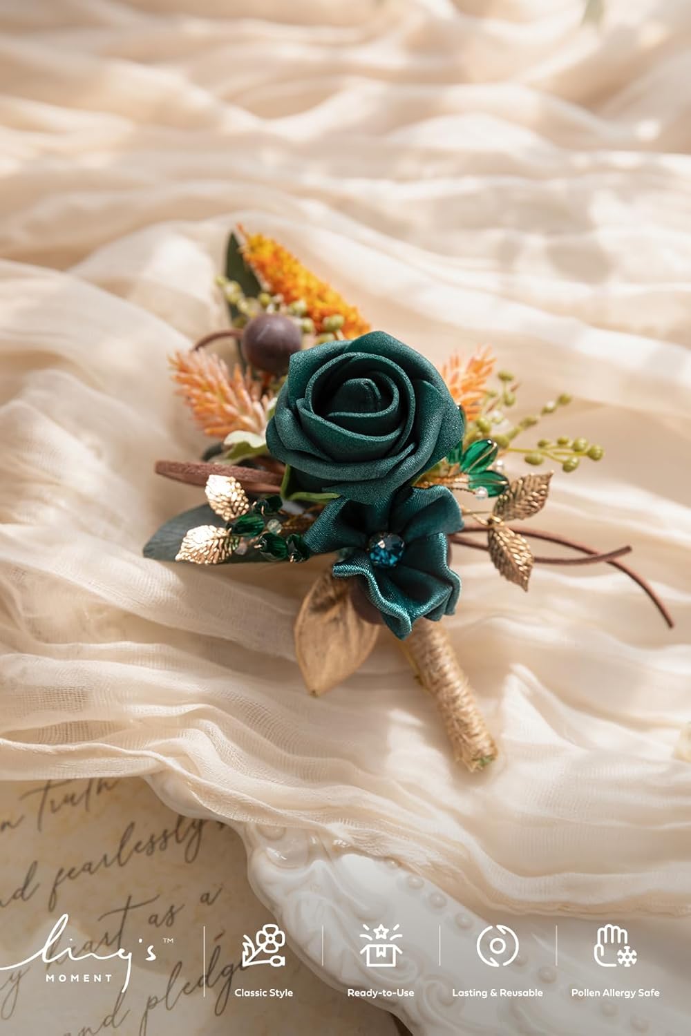 Ling's moment Single Boutonniere for Man Groom, Artificial Flowers for Wedding Decor/Prom/Homecoming/Graduation, etc.Dark Teal Orange
