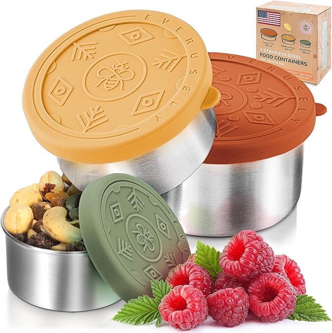 Everusely - Stainless Steel Snack Pots - 3 Pack, Sorbet - Leakproof Silicone Lids - Small Tiffin Boxes - Metal Dipping Tubs - Lunch Box Nesting Snack Containers - Dishwasher/Freezer Safe — image 1