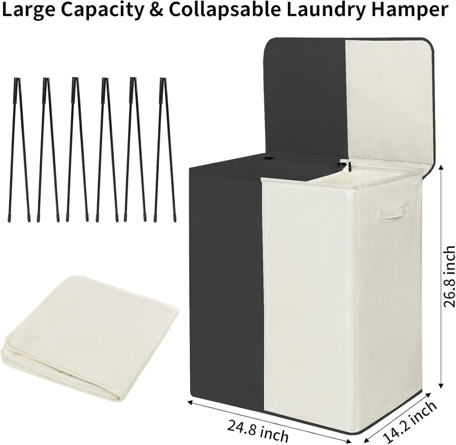 Generic Double Laundry Basket with Lid & Removable Bags,Large 2-Section Collapsible Hamper for Laundry Room, Dorm, Bathroom - Black & Beige