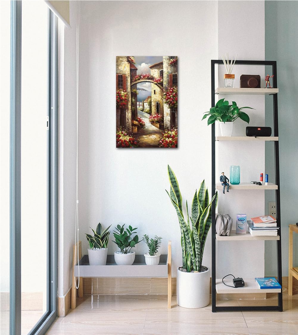Paimuni 100% Hand Painted Canvas Wall Art Italy Town Mediterranean Tuscany Sea Coast Flowers Oil Painting Stretched and Framed Ready to Hang Landscape Scenery Wall Decor 24x36 Inch