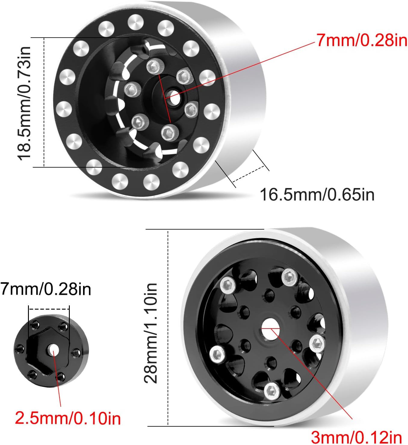 OGRC 1.0 Wheels Deep Dish Rims Negative Offset 7mm Wheels for SCX24 C10 JLU Deadbolt Gladiator Bronco 1/24 Crawler Car (Black)