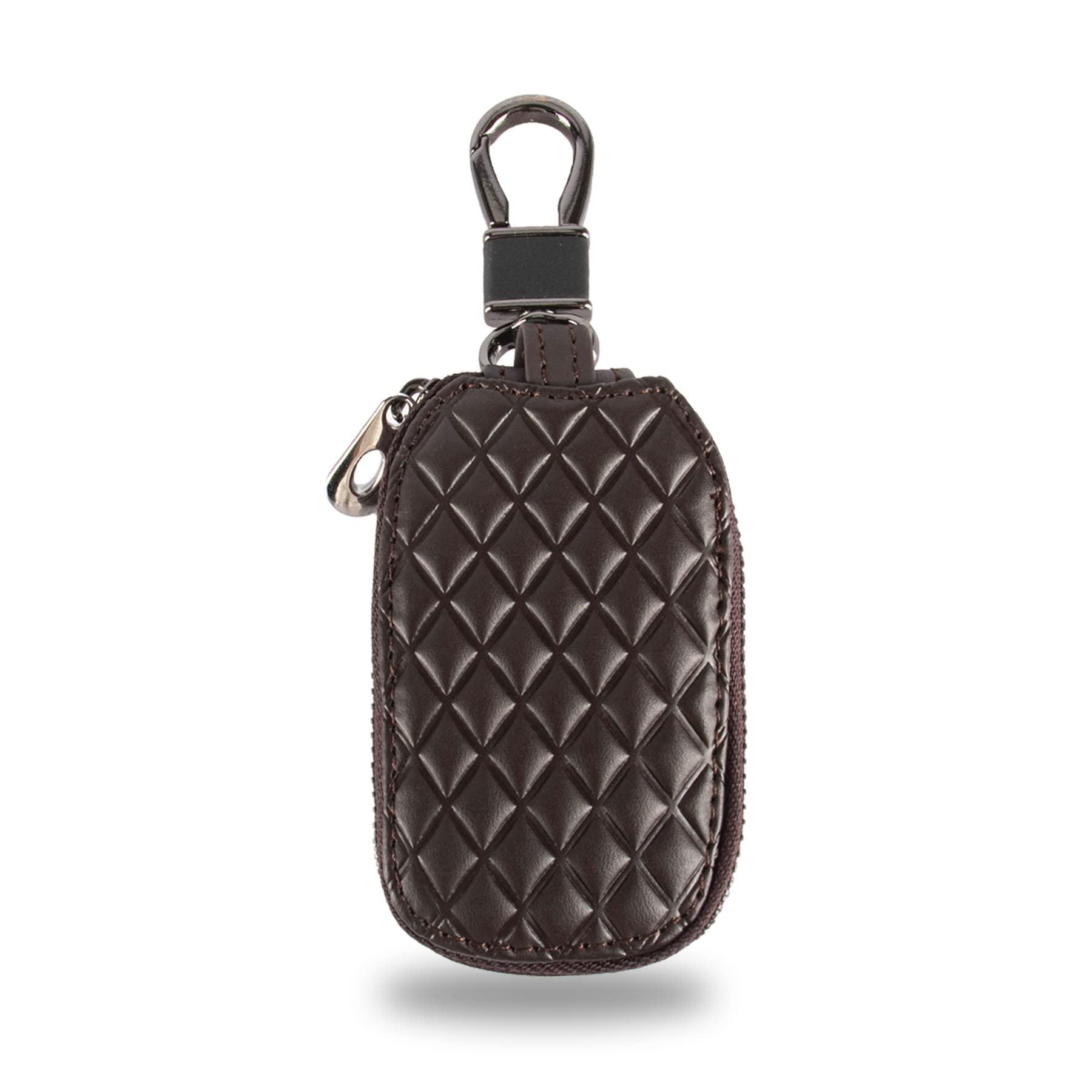 Amiss Universal Key Fob Cover Case, Car Key Case, Key Fob Protector, Genuine Leather Car Smart Key Chain Keychain Holder Metal Hook and Keyring Zipper Bag for Remote Key Fob - Coffee Plaid