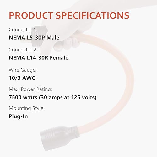 Miniatura 7 de Adaptador de generador RV de 30 amperios, 14 pulgadas, 3 clavijas, L5-30P, bloqueo giratorio, enchufe macho a hembra TT-30R, cable adaptador de