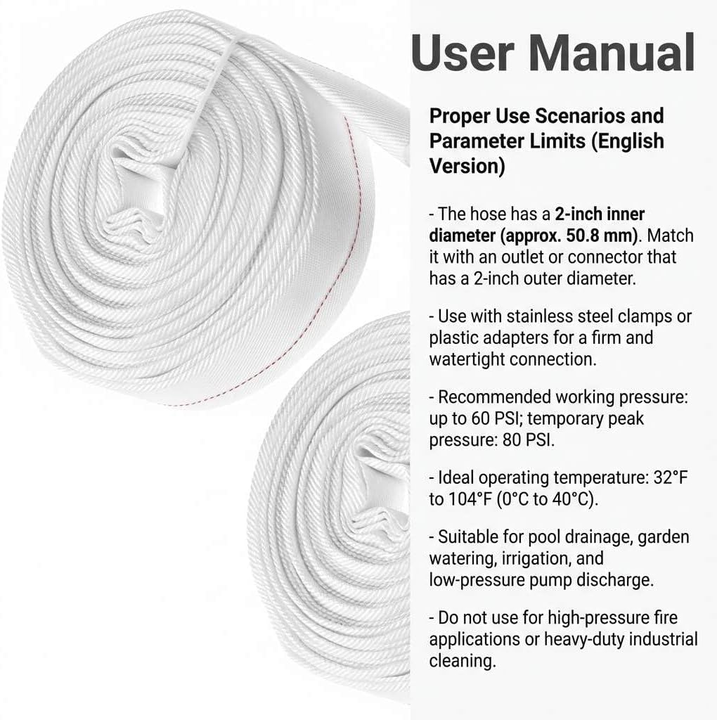 QWORK 2-Inch Inner Diameter Backwash Hose 100FT – Flexible Lay Flat Discharge for Pool, Garden & Pump Drainage, 2 Pack
