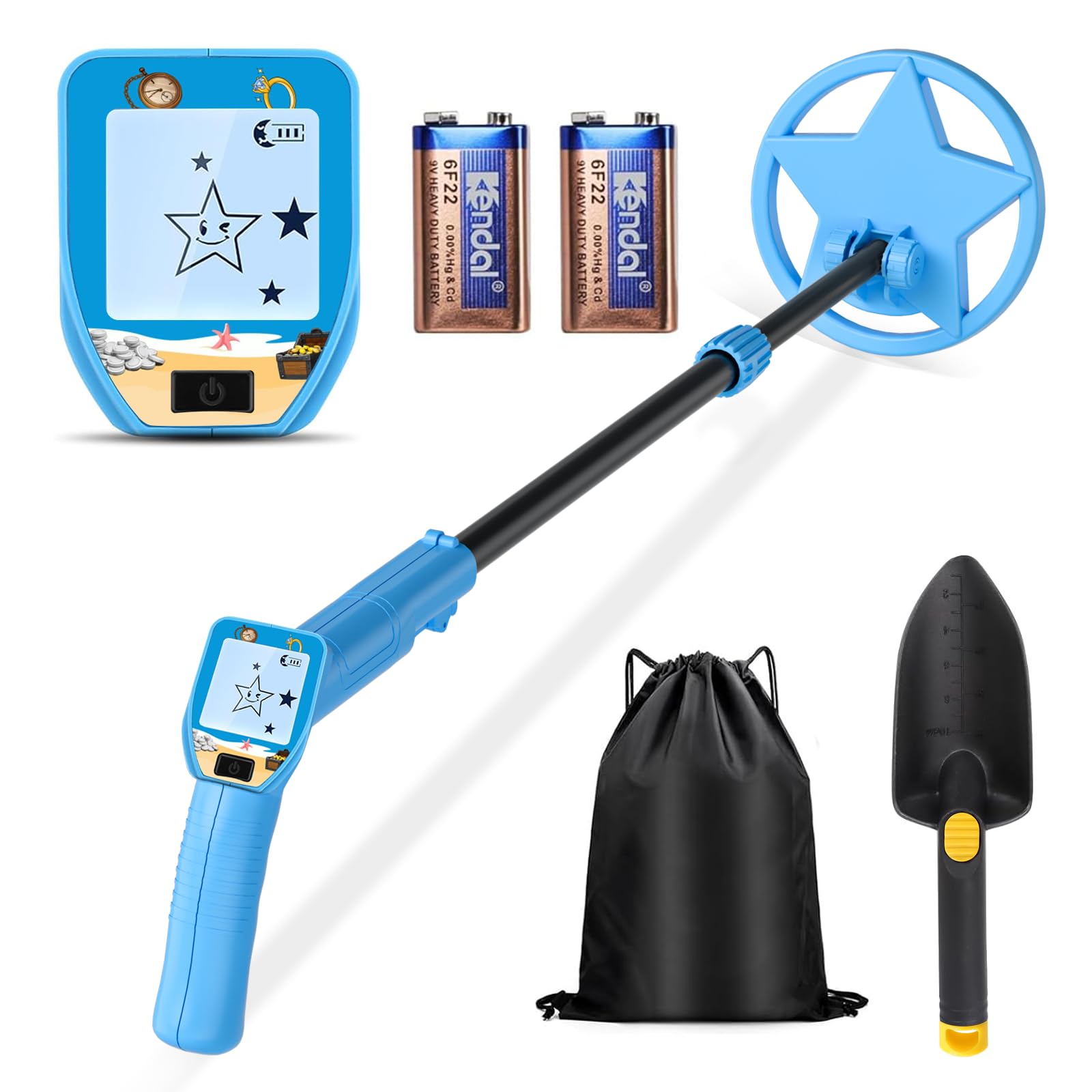 KWUY Metal Detector for Kids, Adjustable 24.5”-33.5” Waterproof Beach Kids Metal Detector with 6.5’’ Search Coil and LCD Display for Treasure Hunting (Blue)
