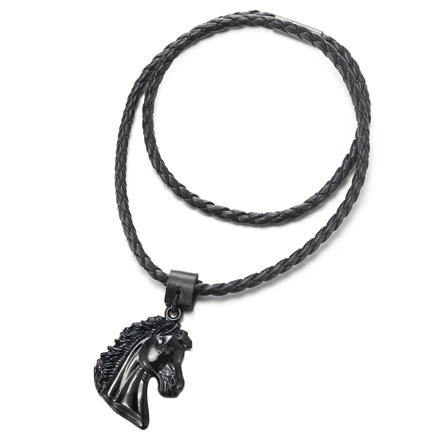 COOLSTEELANDBEYOND Negro Caballo Cabeza Colgante Collar para Hombre Mujer, Negro Cuero Collar Trenzado