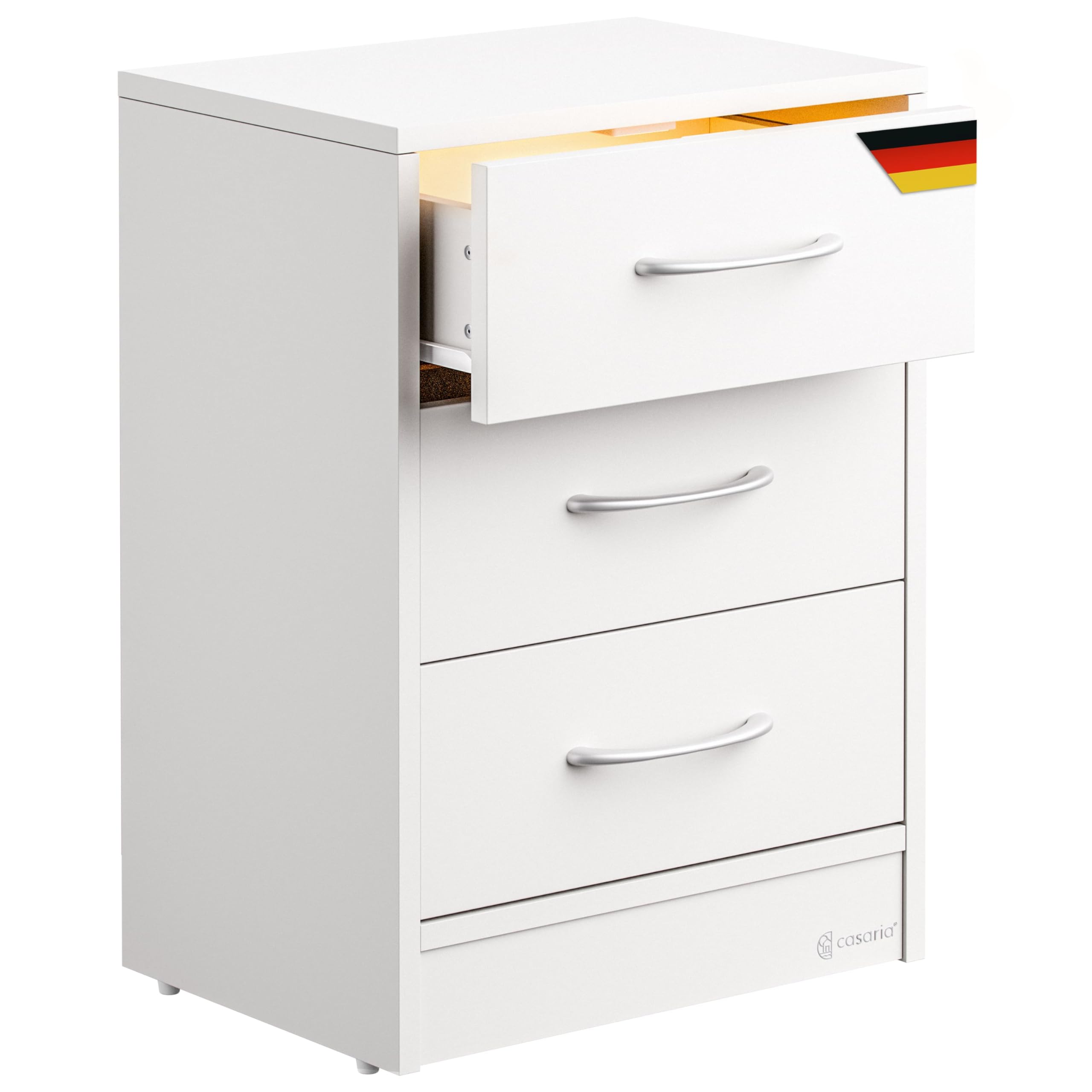 Casaria® Nachttisch Weiß LED 3 Schubladen Kabelführung Wandbefestigung Boxspringbett Schlafzimmer Nachtschrank Nachtkonsole Nachtkommode Holz 54x39x28cm
