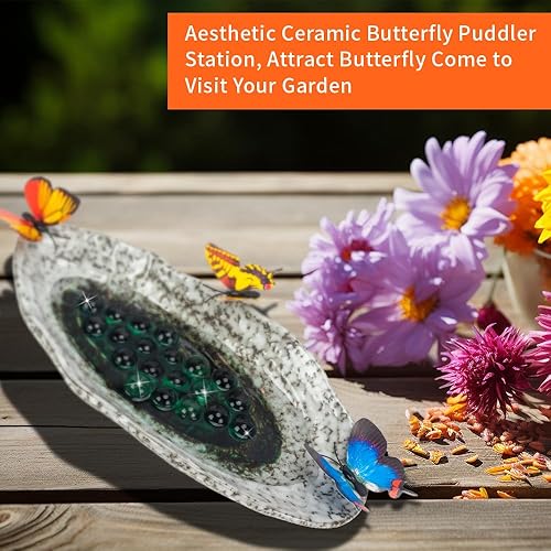 Miniatura 4 de Estación de riego de mariposas al aire libre, comederos de abejas, charco de mariposas con 20 cuentas decorativas, cuenco de cerámica para insectos