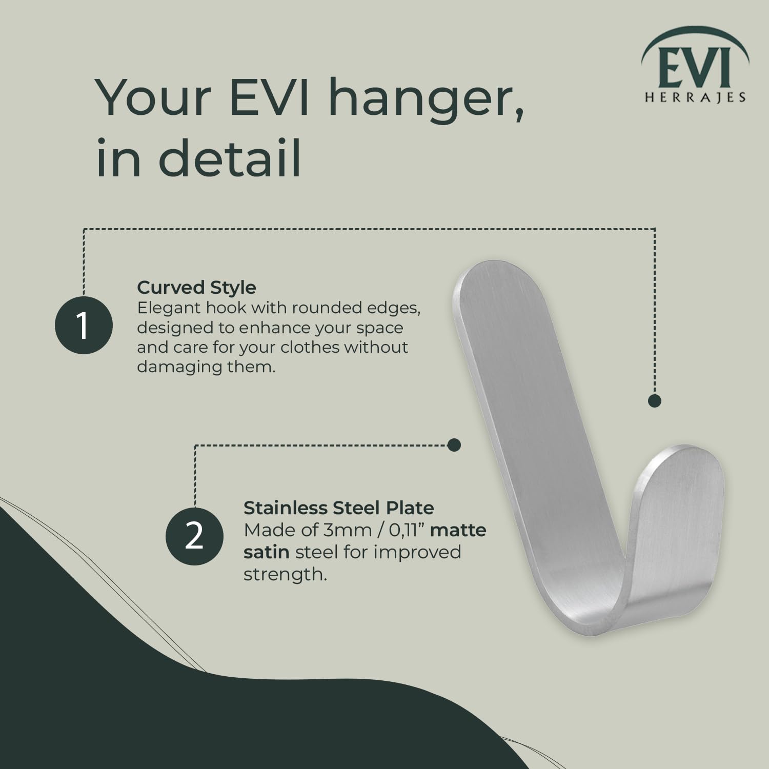 EVI Herrajes | Gancho toallero | Gancho de pared de acero inoxidable | Montaje adhesivo | para colgar ropa, toallas o accesorios | Mod. 371ADAM