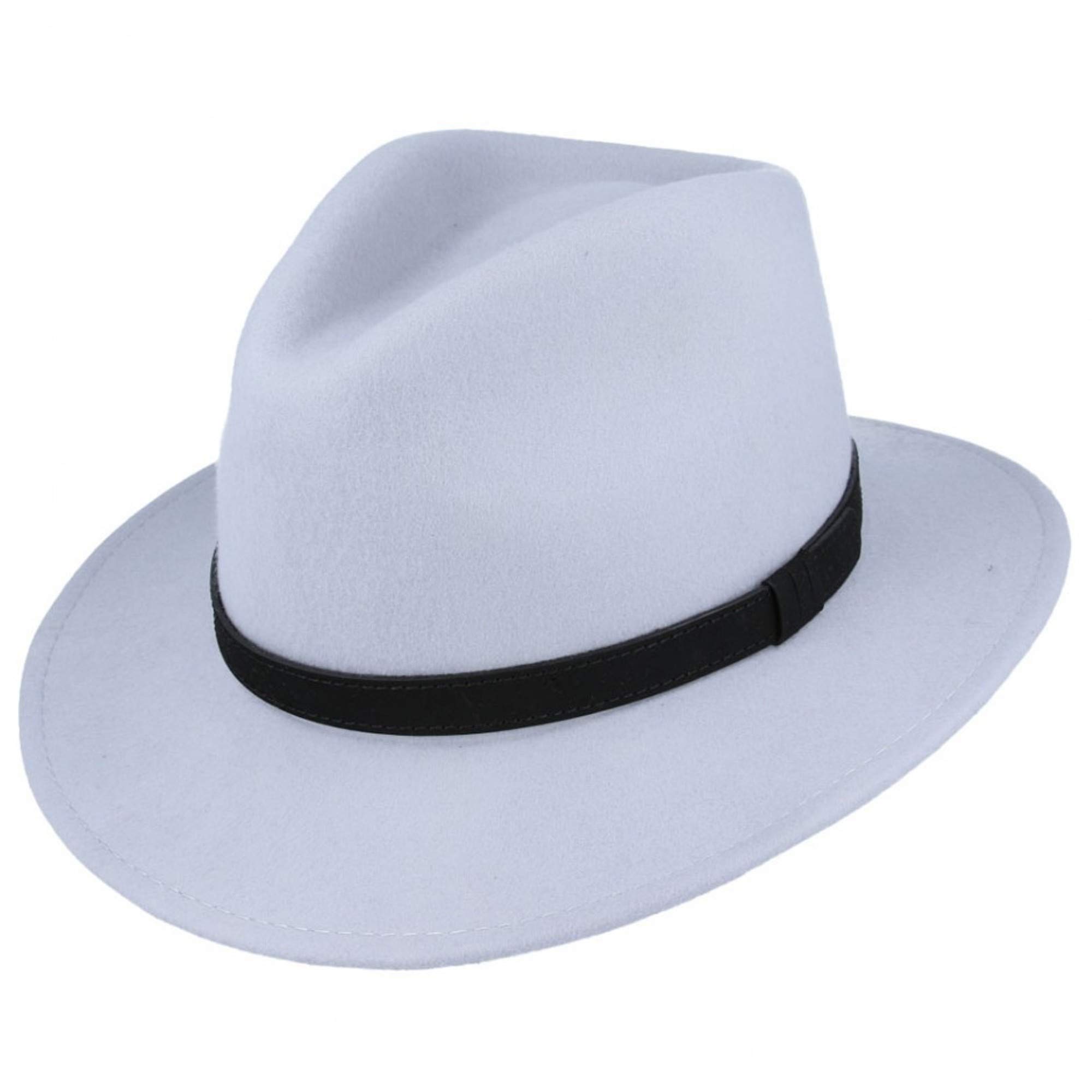 Crushable Hand Made Fedora Trilby Hat with Leather Type Band 100% Wool (XLarge(61), Ice Grey)
