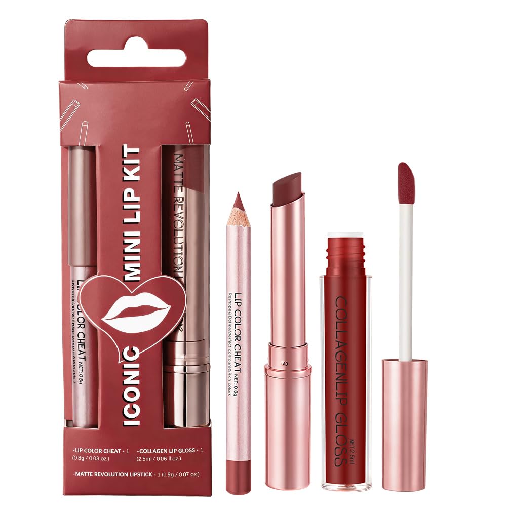 LOPHE Lippenstift Matt Lipgloss Set, 3 in 1 Mattes Lippenstift Lipliner Set, Feuchtigkeitsspendender Lipstick Wasserfest und Langanhaltend, Nr. 2- Rosenrot