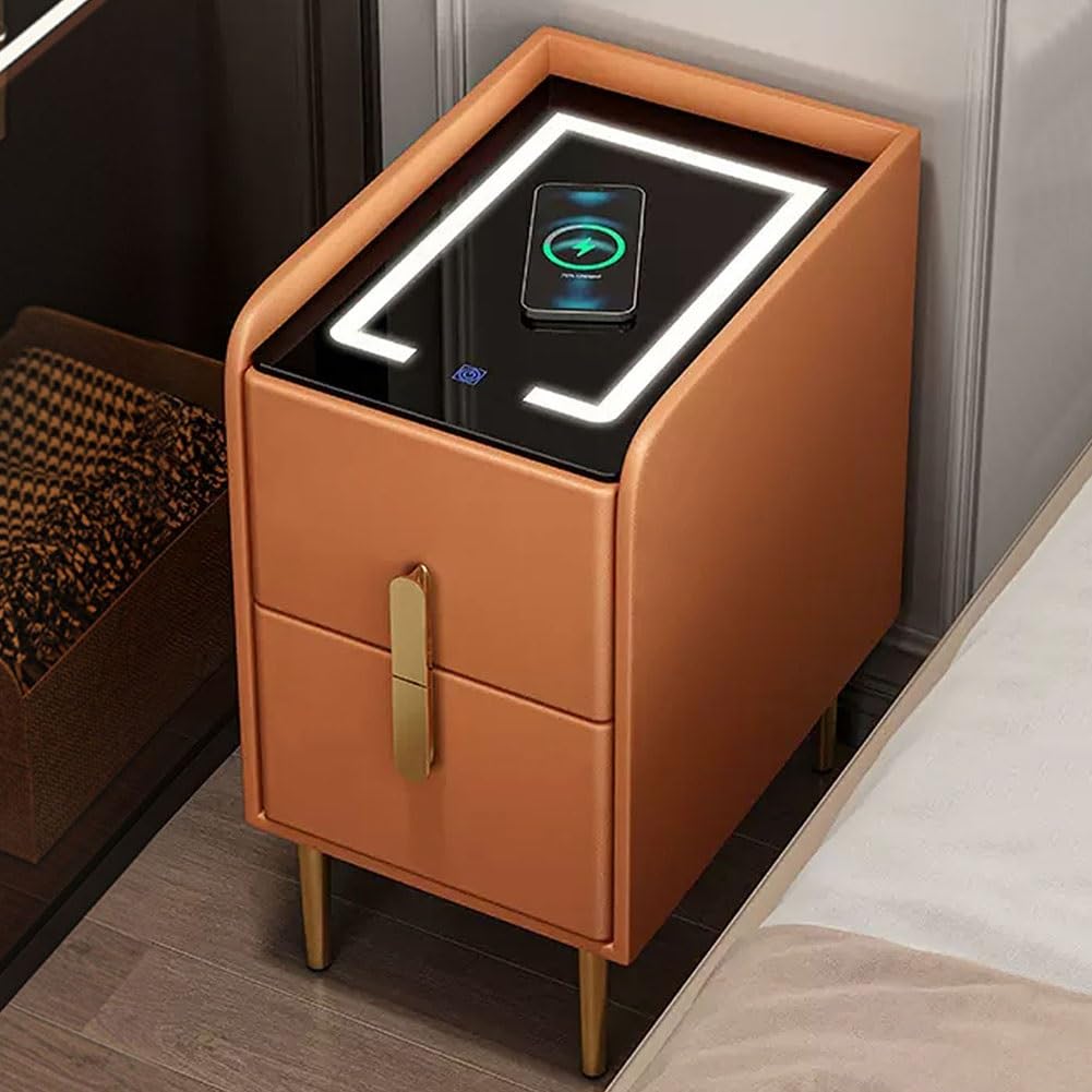 ASerZenith End Side Table With Led Lights, Smart Nightstand With Charging Station, Bedside Tables,A-30X40X50Cm