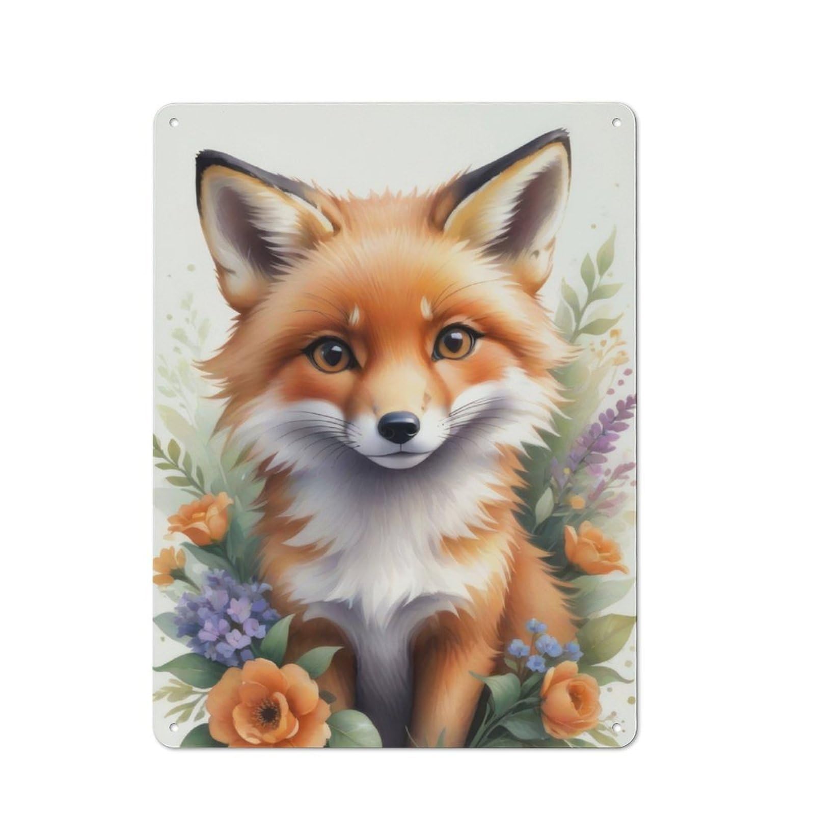 Watercolor Floral Fox Metal Wall Sign 40x30cm, Clean Industrial Loft Wall Plaque for Workspace, Cafe, Hallway Or Garage
