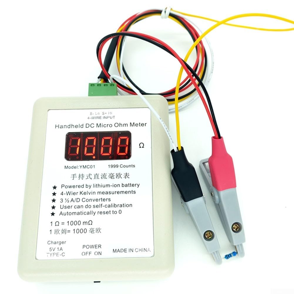 YMC01 Handheld-Gleichstrom-Milliohm-Messgerät, Vierdraht-Kelvin-Niedrigwiderstandsprüfer mit Typ-C-Aufladung, 2R/20R Bereich für Spule, Schalter und Relais-Tests (kleiner Clip 20R)