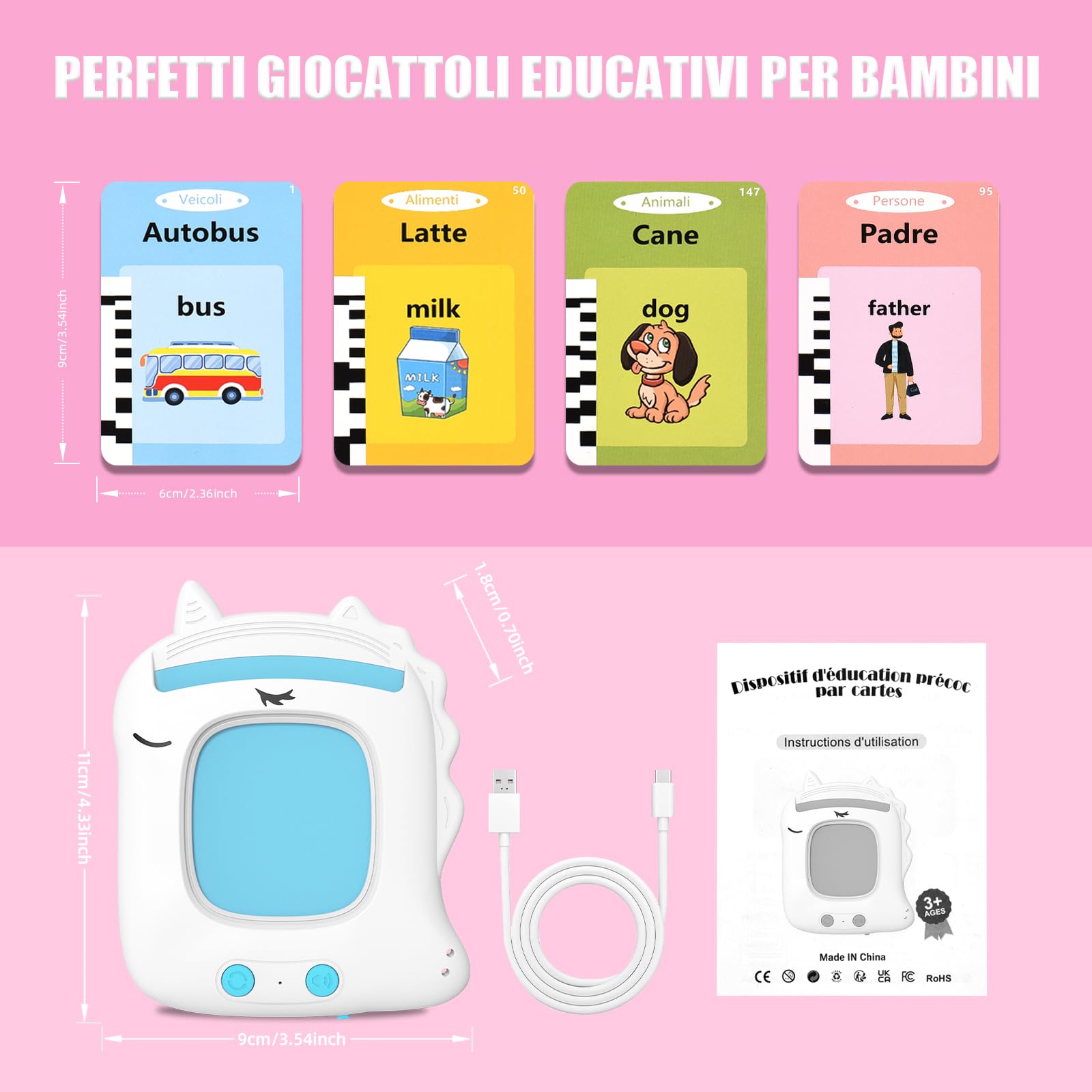 Talking Flash Cards Schede Flash Cards Parlanti 224 Parole Unicorno Flash Cards Bambini 3+ Anni Giocattoli Educativi per Bambini Autismo e Logopedia Giochi Montessori Regali di Compleanno