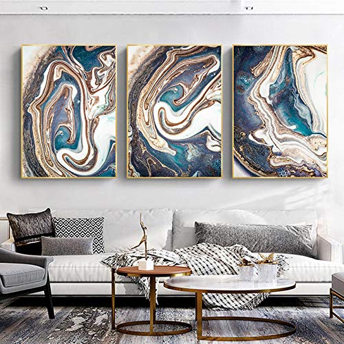 Toile peinture quicksand art bleu et or 60x80cm triptyque chic pour salon