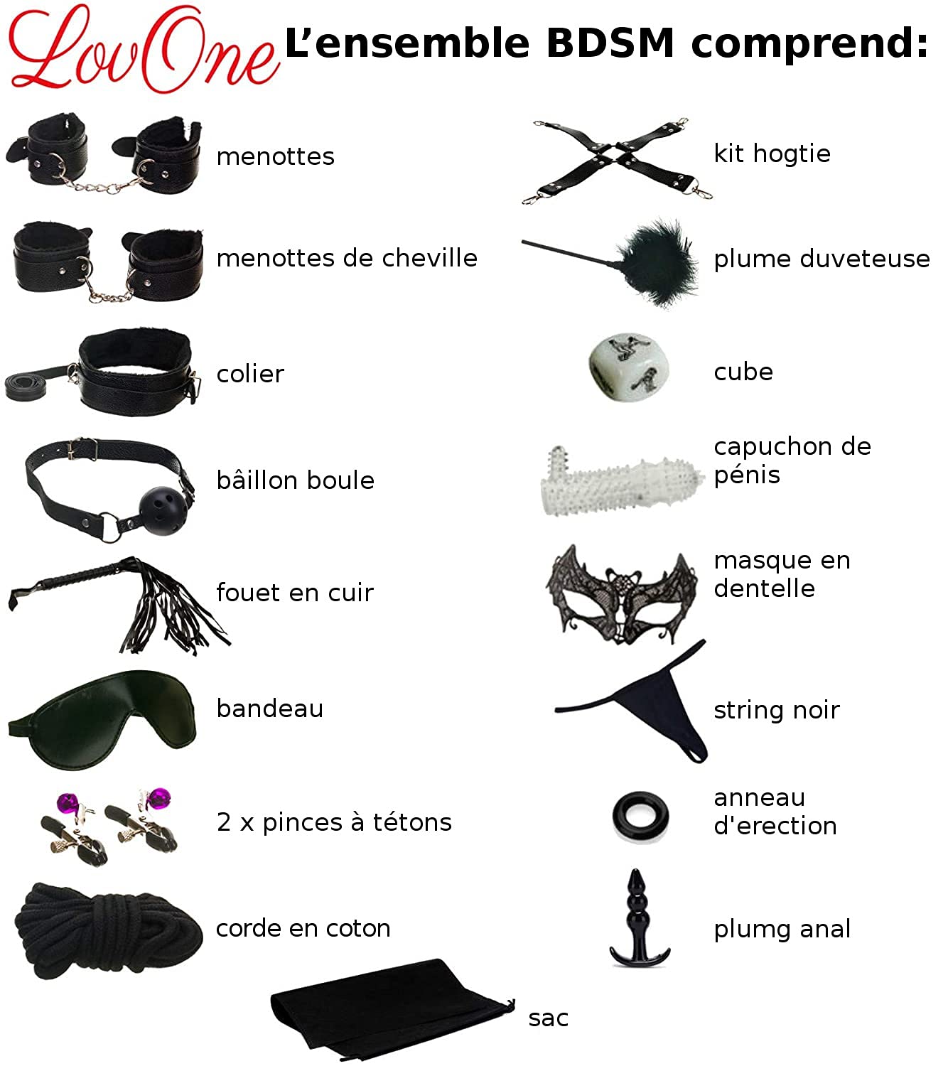 Ensemble de Servitude BDSM Composé de 18 Articles Parfait pour les Débutants, Menottes SM Avec Masque pour les Yeux et Sex Toys Érotiques pour Couple, Noir
