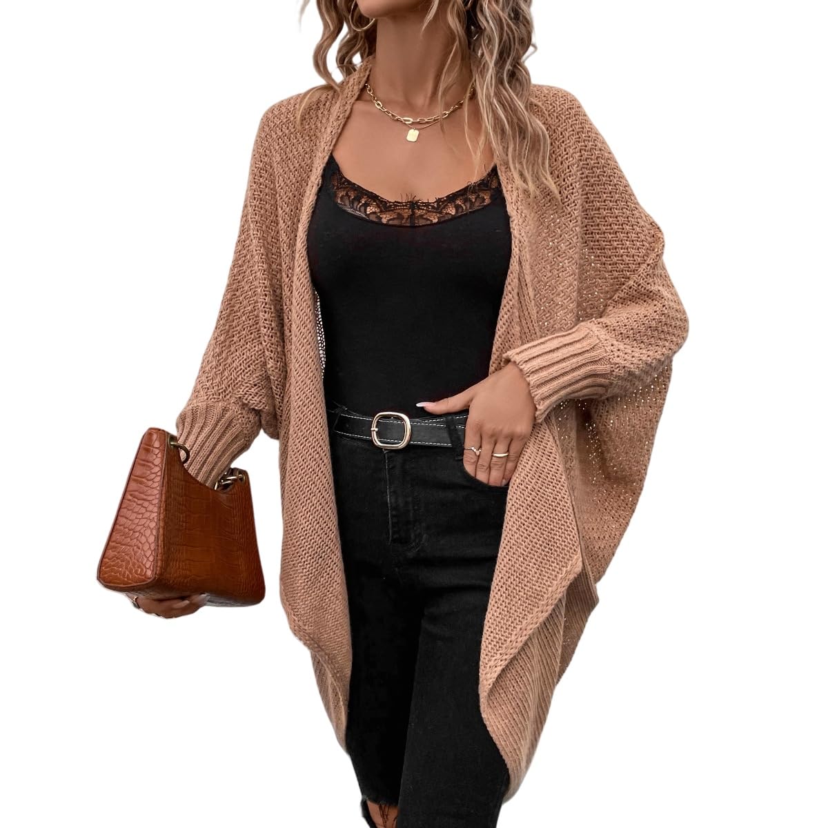Liuyuyougo Women's Khaki Waterfall Cardigans For Oversized Batwing Sleeve Top Long Crochet Boyfriend Cardigans Open Front Sweater Coat Elegant Chunky Knit Cardigan Outerwear Xl