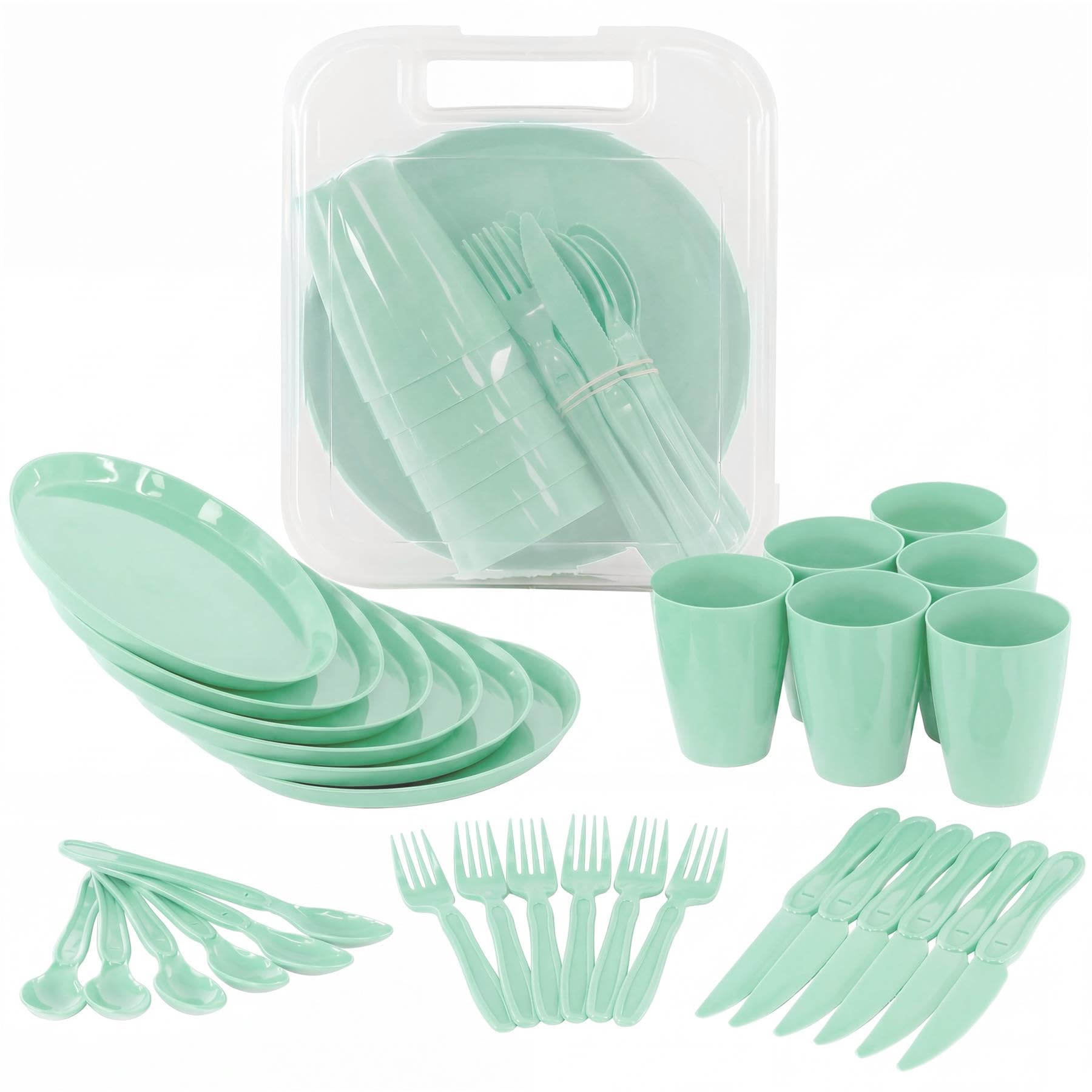 GEEZY 31 Piece Picnic Set for 6 People - Reusable Camping Dinner Set with Carry Box, Green Plates & Cups, Dishwasher Safe Camping Cutlery - Great for Outdoor BBQs, Summer Holidays, Poolside