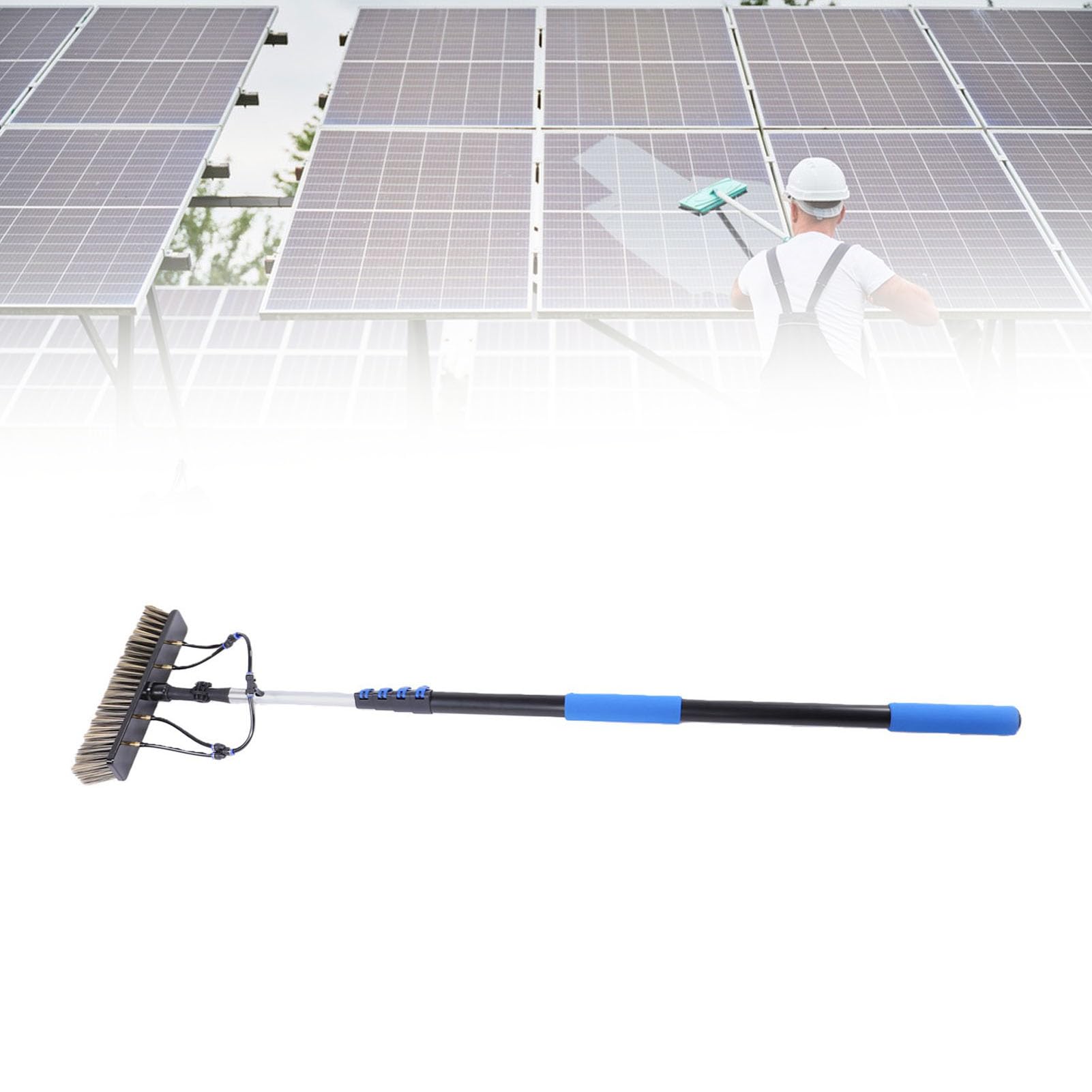 Cepillo de Limpieza de Paneles Solares, Poste Retráctil de 12 Pies con Dispensador de, Cabezal de Cepillo de 13,8 Pulgadas para Ventanas, Canalones, Paredes Exteriores