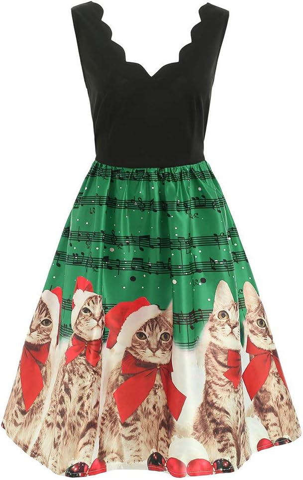 Women's Christmas Scalloped V Neck Sleeveless Music Note and Cat Print Dress