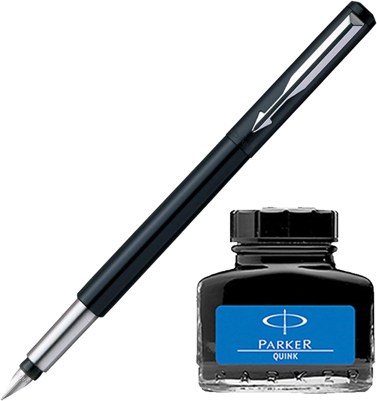 Vector Standard CT Fountain Pen - Black + Quink Ink Bottle - Blue (30ML)