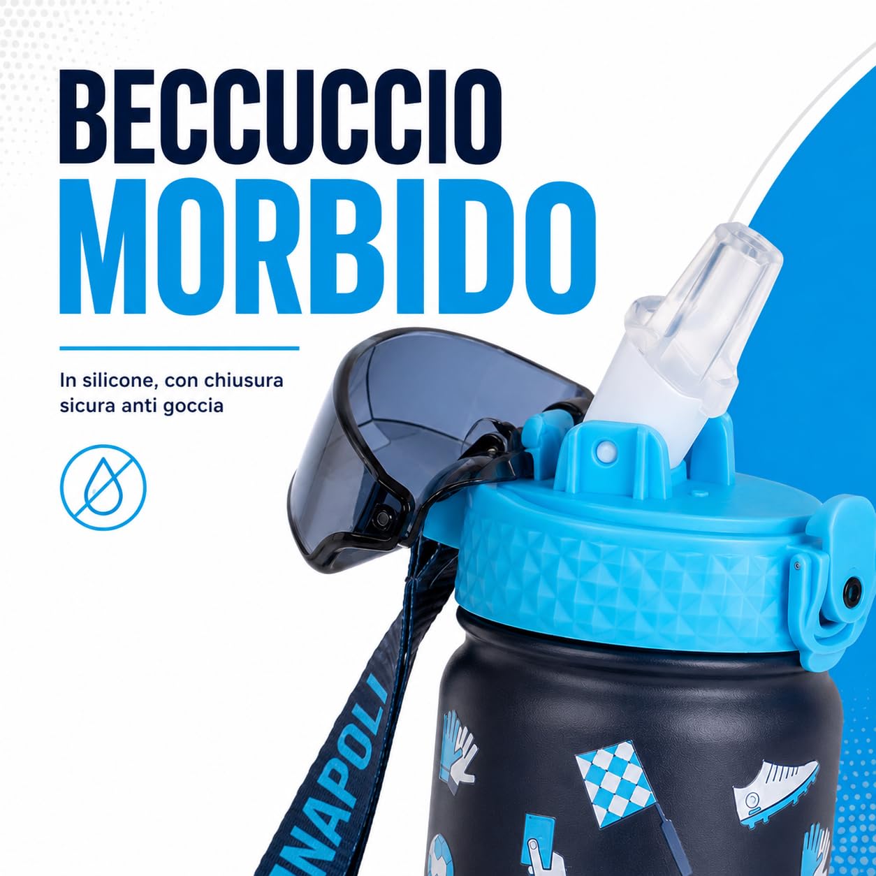 Colourbook Borraccia Termica Bambini 400 Ml Napoli Ufficiale, Acciaio Inox, 12 Ore Caldo Freddo, Beccuccio Silicone, Per Scuola Asilo Sport Piccoli Tifosi (Blu)