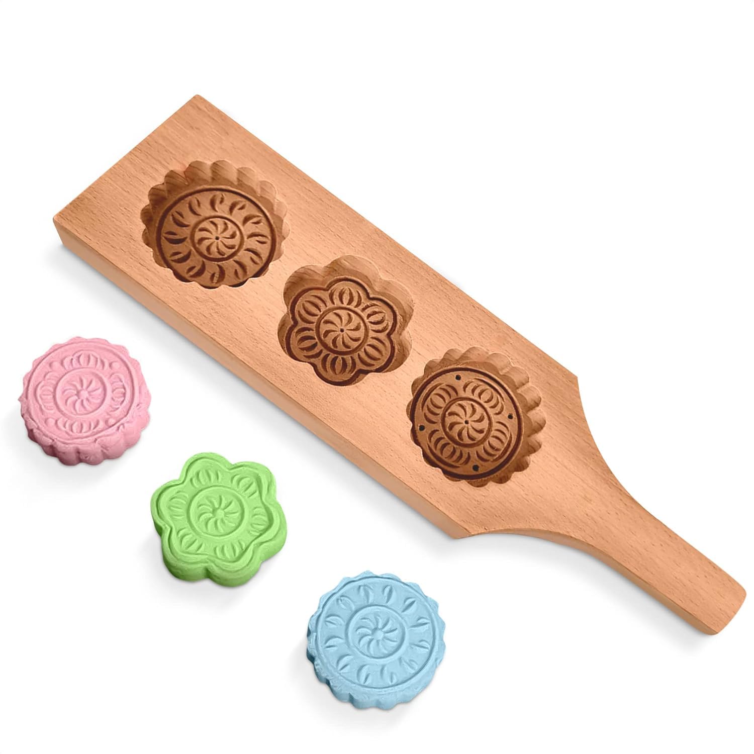 Wooden Cookie Molds for Baking - 11.8" Mooncake Mold in Handcrafted Wood for Shaping Dough - Maamoul Molds with 3 Floral Cookie Stamps for Forming Maamoul, Mooncakes, Shortbread and Festive Cookies