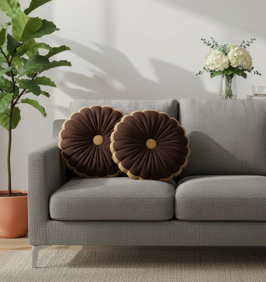 Round Decorative Throw Pillow Cushion Cover, Brown with Gold Trim, Pleated Flower Design, Velvet Cotton Silk, Set of 2-image-15