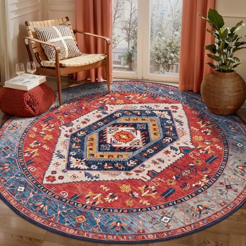 SERISSA Boho Round Area Rug, 5ft Washable Non-Slip Circle Rug, Ultra Soft Oriental Vintage Rust Low-Pile Circular Carpet for Bedroom Entryway Kids Room Office College Dorm Living Room