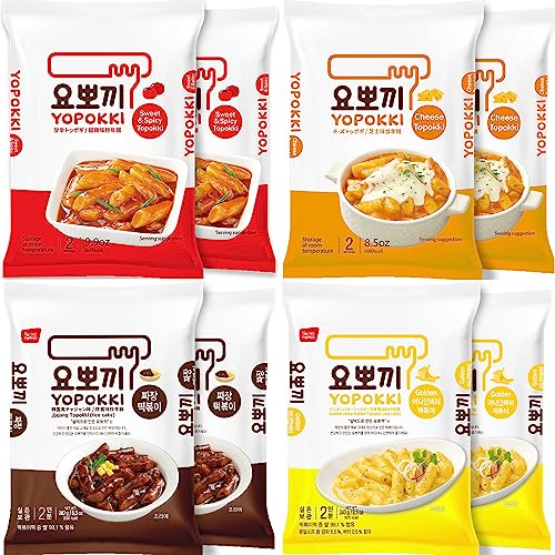 Yopokki 4 flavors of Korean Topokki (Sweet&Mild Spicy, Cheese, Jjajang, Onion Tteokbokki Pack (Pack of 8))